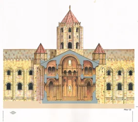 Cathédrale romane de Saint-Jacques-de-Compostelle. Coupe transversale. Espagne